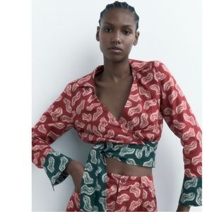 Zara Jasmine Leaf Fern Print Red & Green Cropped Wrap Blouse